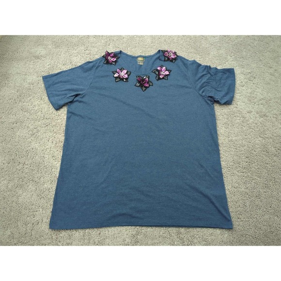 The Foundry Supply Co. Tops - The Foundry Shirt Womens 3XLT TALL Blue‎ Flower Sequin Short Sleeve Cotton Blend